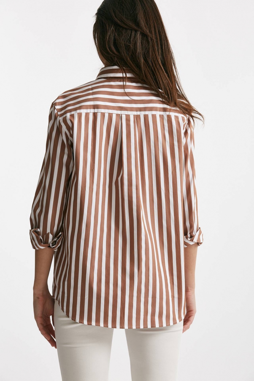 Camicia in cotone stretch a righe bianco/marrone