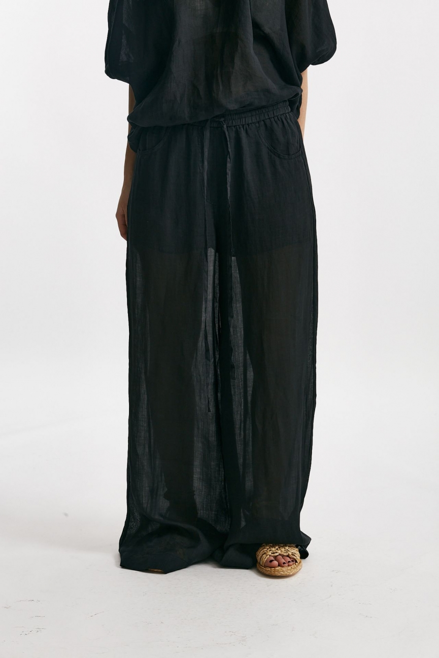 Pantalone in lino nero vita alta 