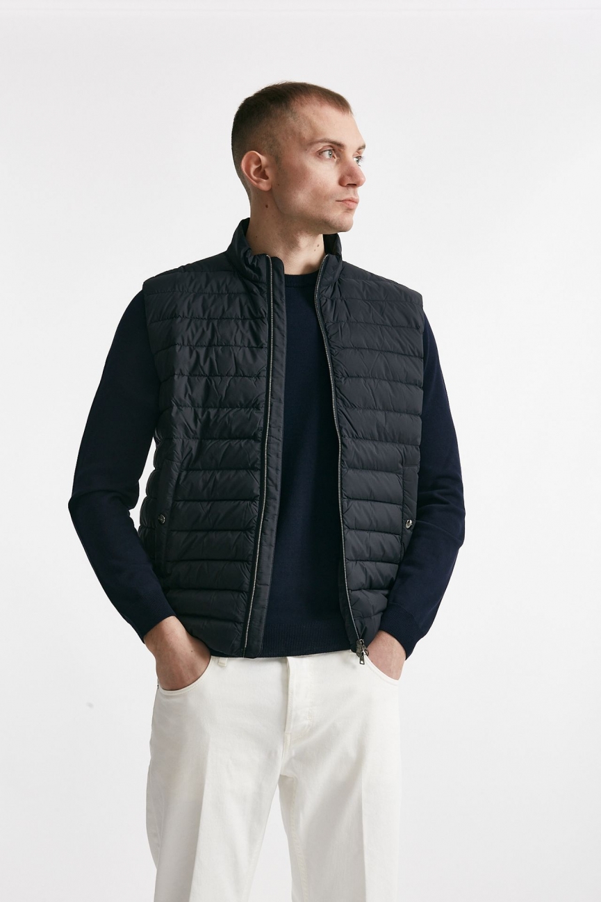 Smanicato in micro piuma e jersey di cotone blu