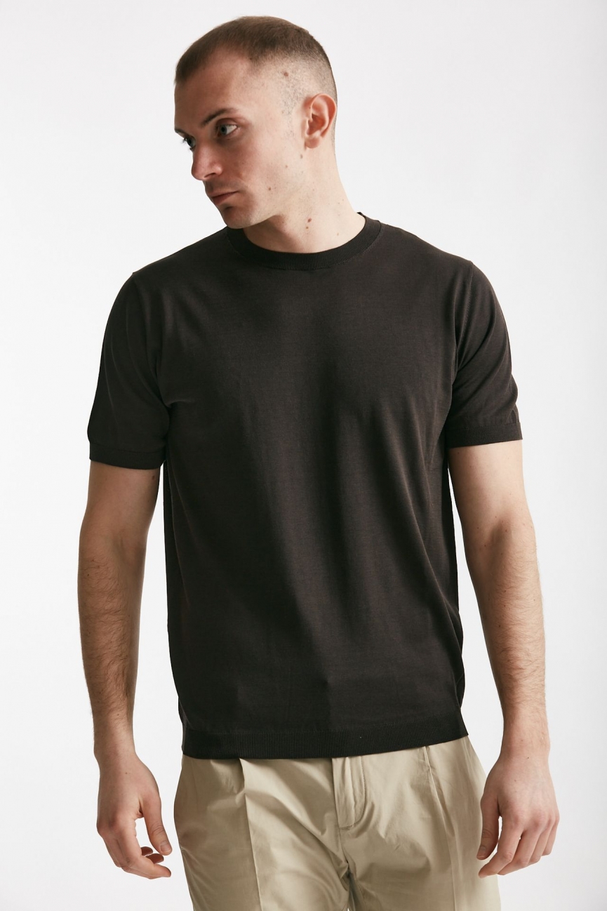 T shirt in maglia e seta e cotone marrone 