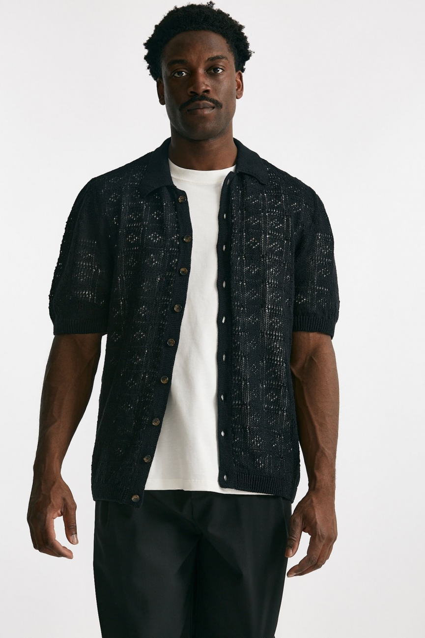 Polo camicia traforata in cotone e lino nero