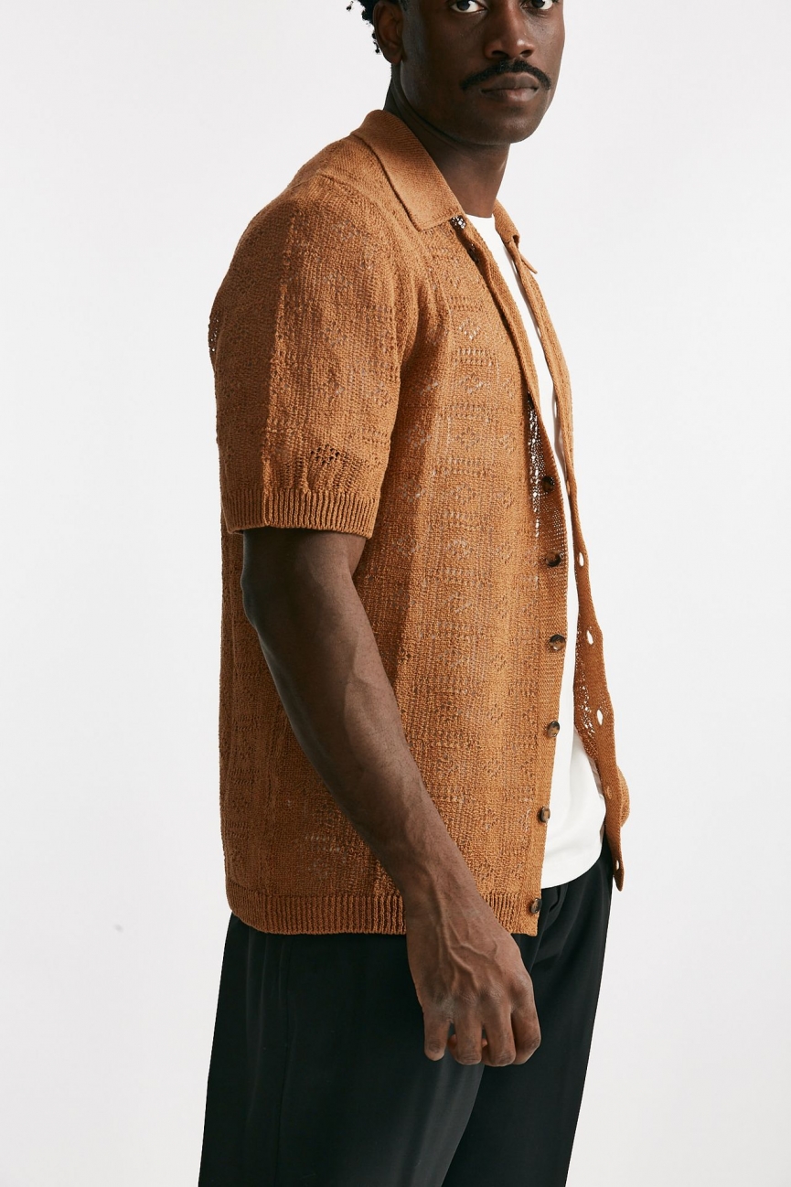 Polo camicia traforata in cotone e lino ocra  