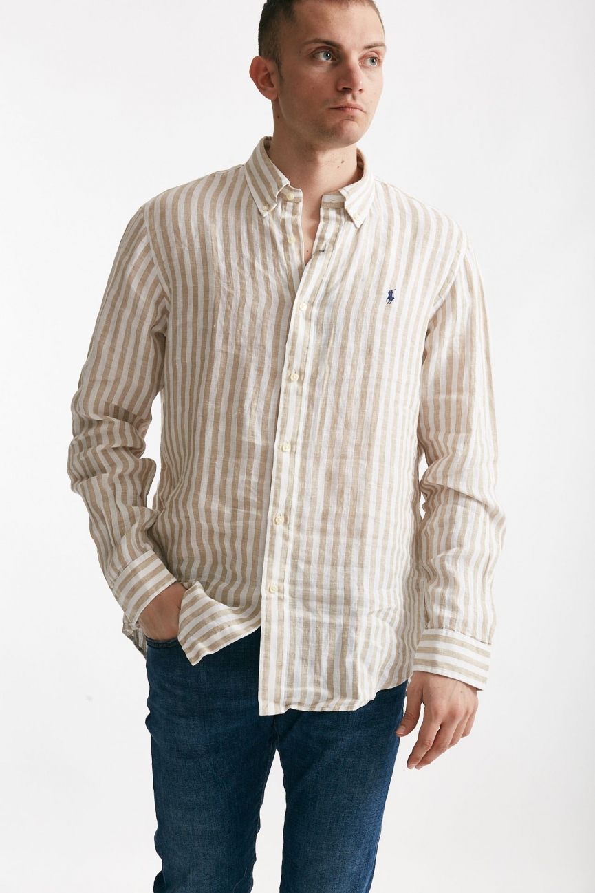 Camicia in lino rigato bianco e beige