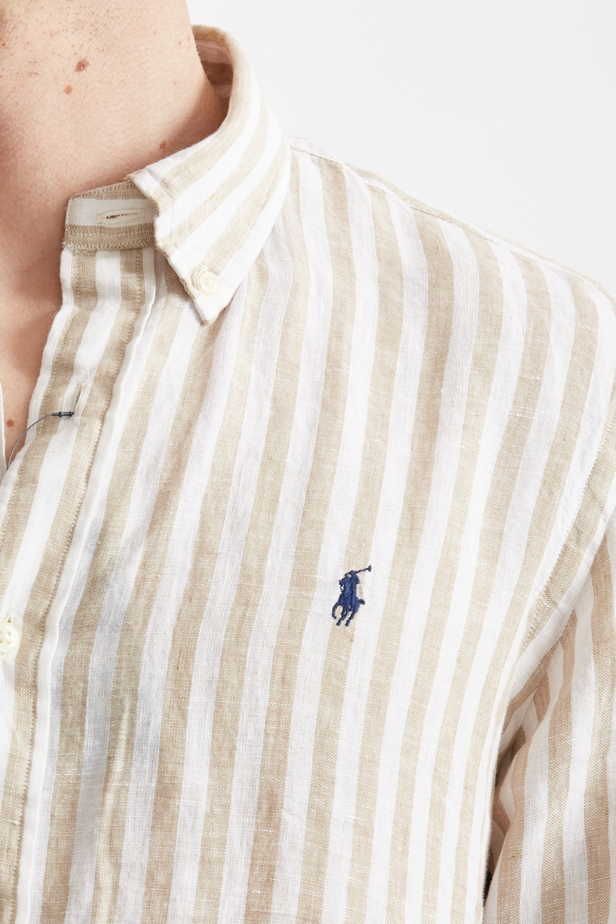Camicia in lino rigato bianco e beige