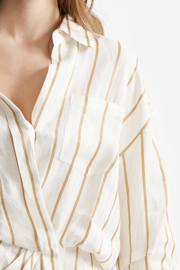 Abito camicia rigato bianco e cammello