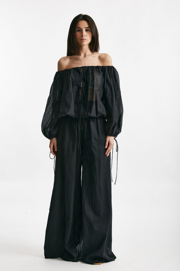 Pantalone vita alta in mussola di cotone nero