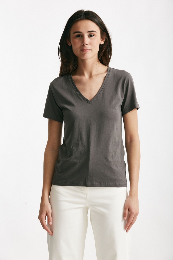 T-shirt basic scollo v ROMY grigio piombo