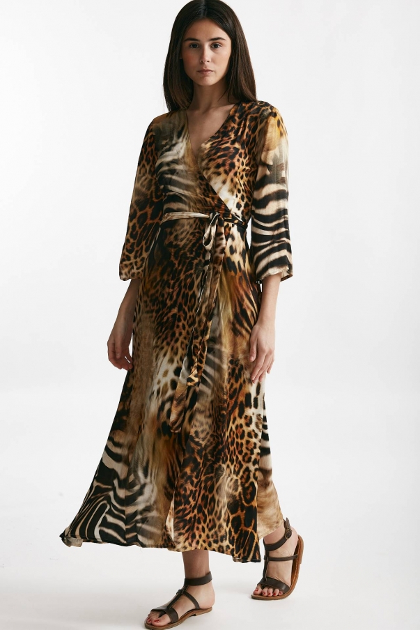 Abito wrap animalier scollo incrociato