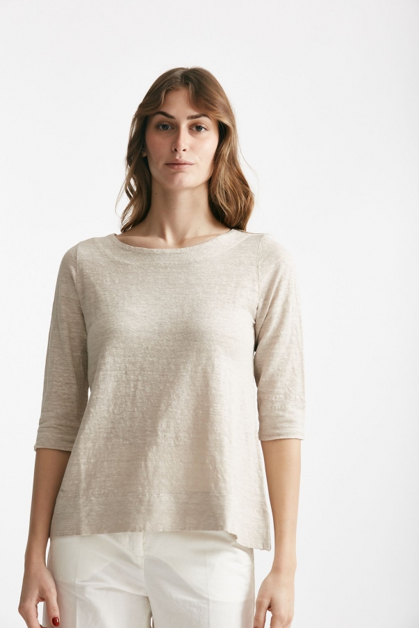 T-shirt in lino beige scollo tondo