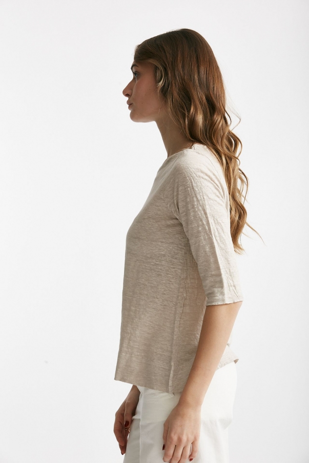 T-shirt in lino beige scollo tondo