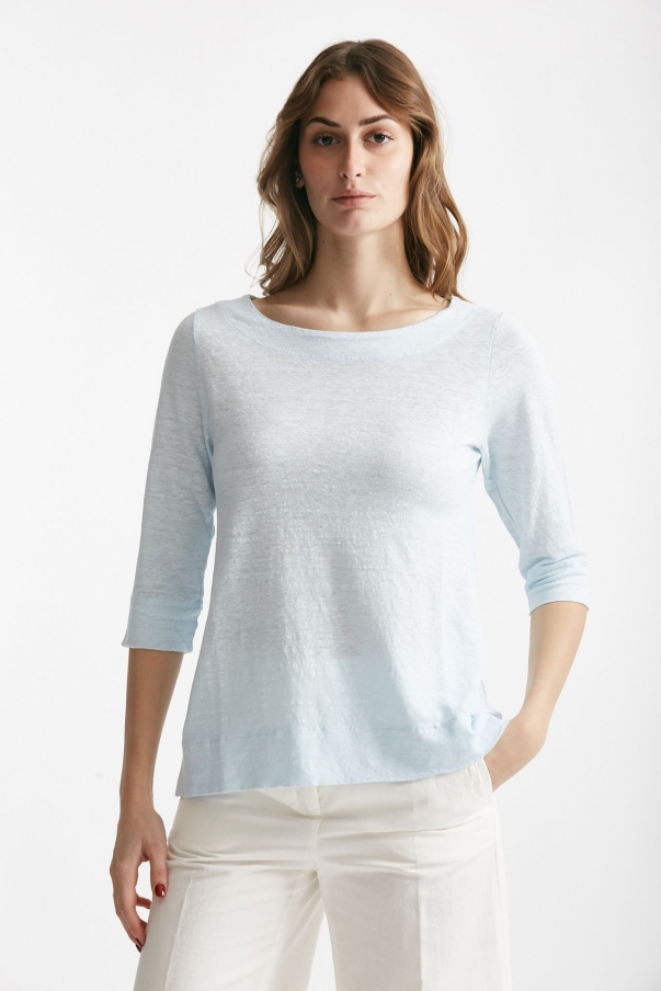 T-shirt in lino azzurro chiaro scollo tondo