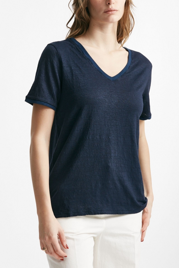 T-shirt in lino blu scollo a v