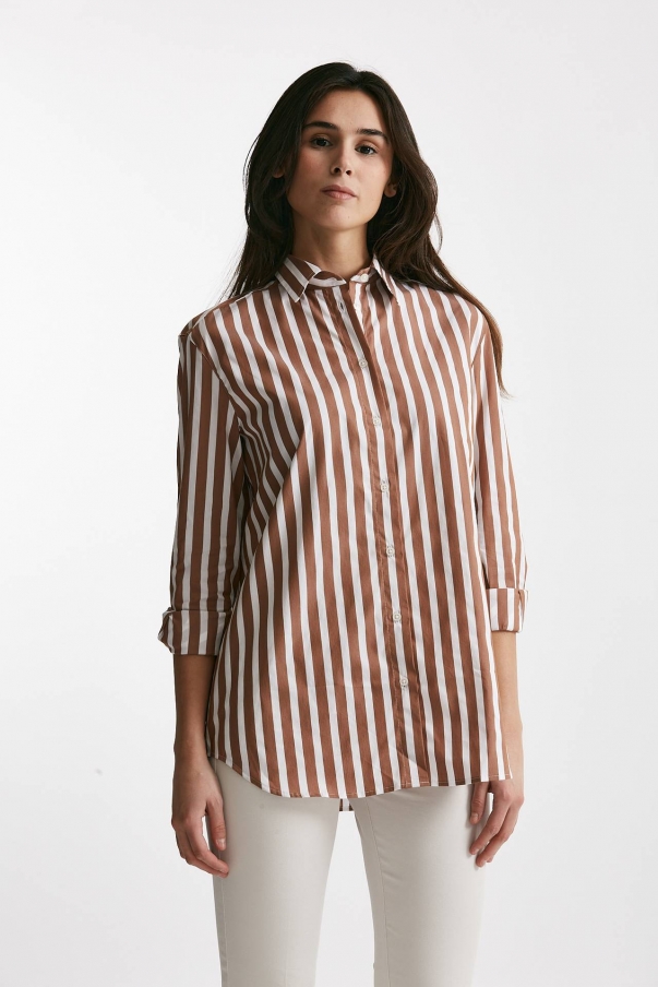 Camicia in cotone stretch a righe bianco/marrone