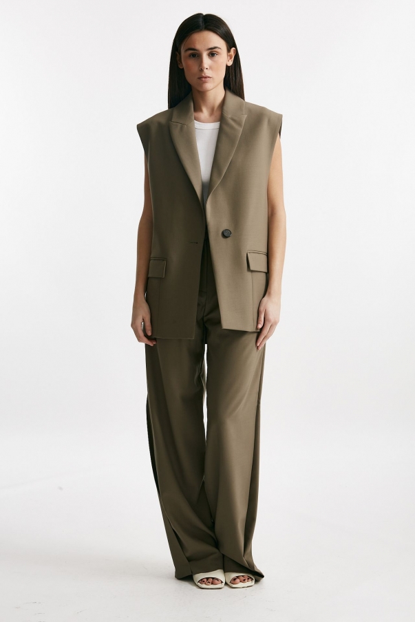 Pantalone pinces vita alta con pinces kaki 