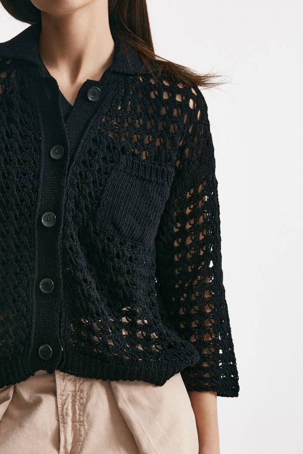 Cardigan traforato a costine nero