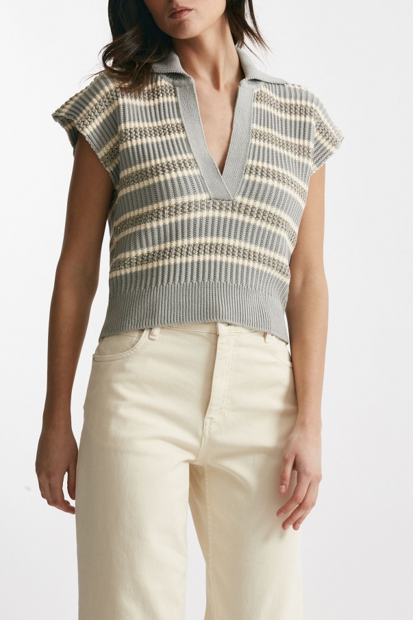 Maglia lavorata panna e grigia con filo oro