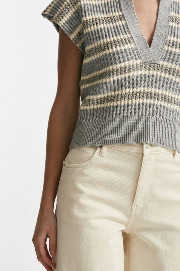 Maglia lavorata panna e grigia con filo oro