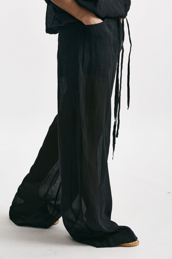 Pantalone in lino nero vita alta 