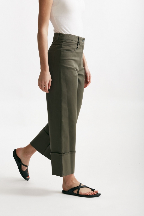 Pantalone vita alta in cotone verde militare 