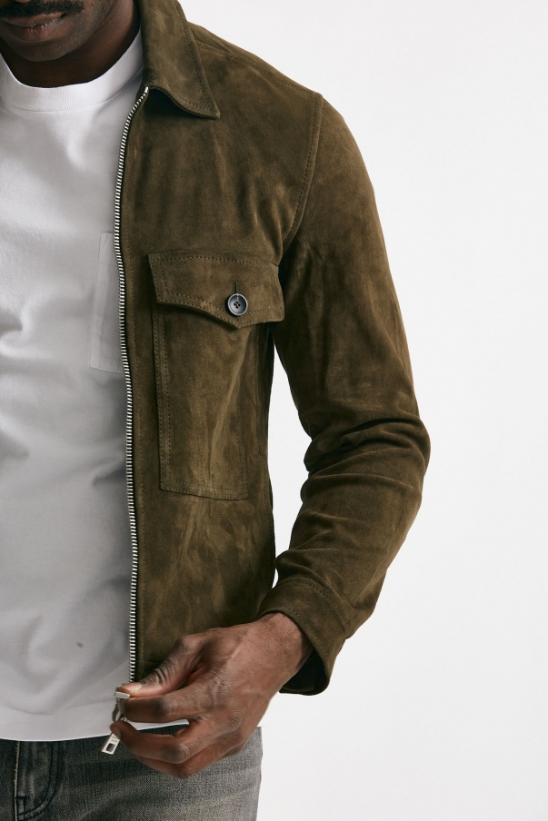 Giubbino zip in pelle scamosciata verde giungla