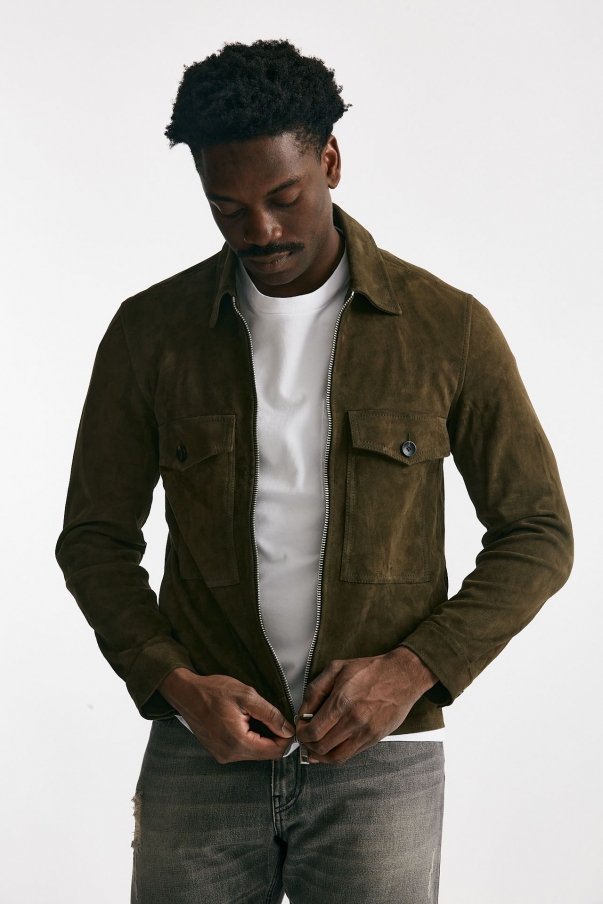 Giubbino zip in pelle scamosciata verde giungla