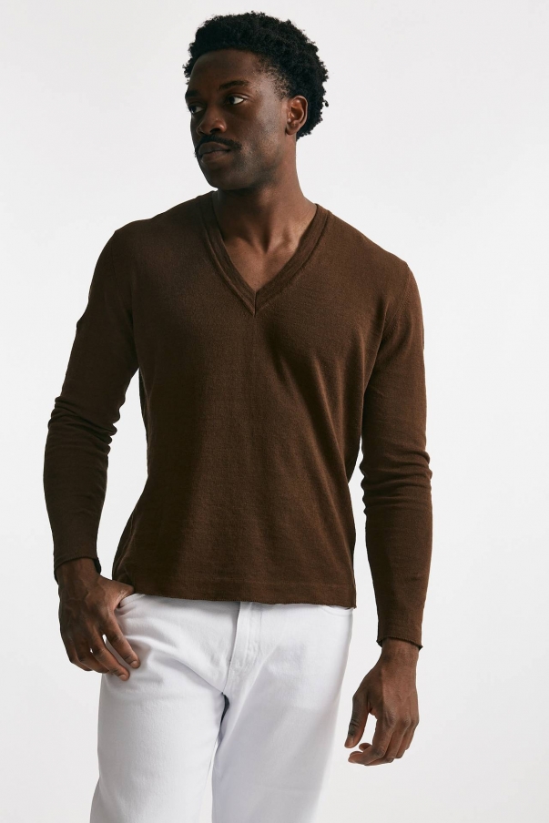 Maglia scollo V in lino e cotone tabacco