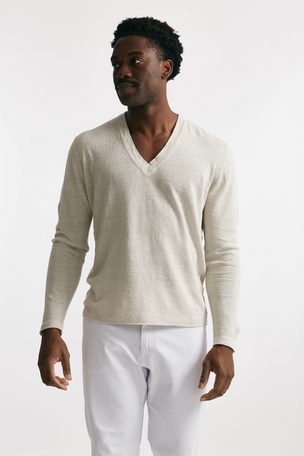 Maglia scollo a V in lino e cotone perla 