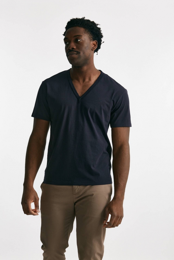 T-shirt scollo a V in cotone blu 