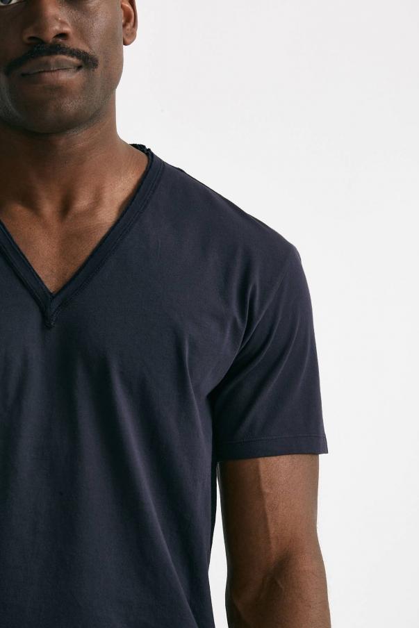 T-shirt scollo a V in cotone blu 