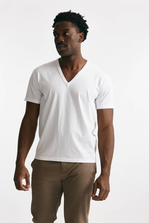 T-shirt scollo a V in cotone bianco
