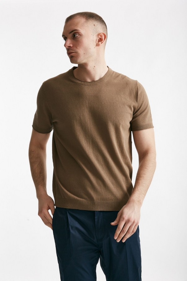 T shirt in cotone e lino cammello