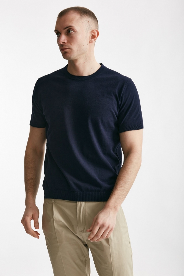 T shirt in maglia cotone e lino blu 