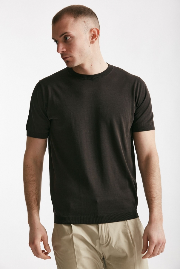 T shirt in maglia e seta e cotone marrone 