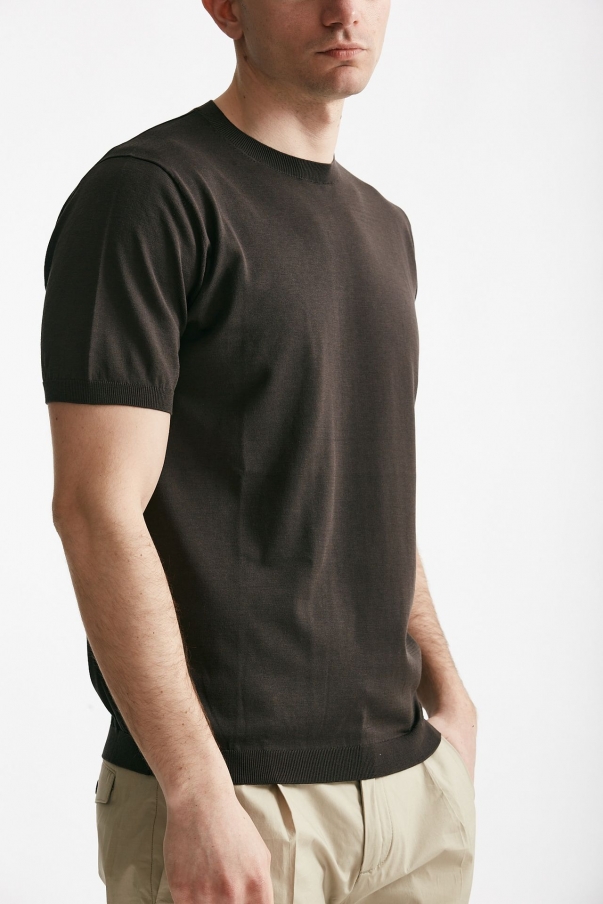 T shirt in maglia e seta e cotone marrone 