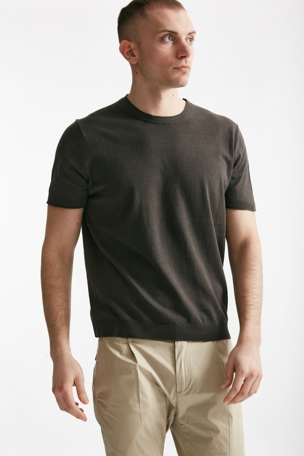 T shirt in maglia cotone e lino marrone 