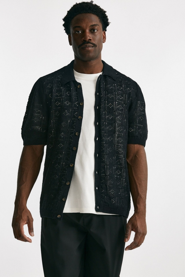 Polo camicia traforata in cotone e lino nero