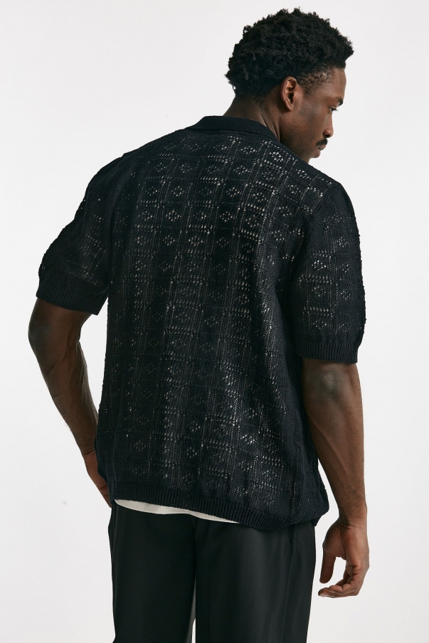 Polo camicia traforata in cotone e lino nero