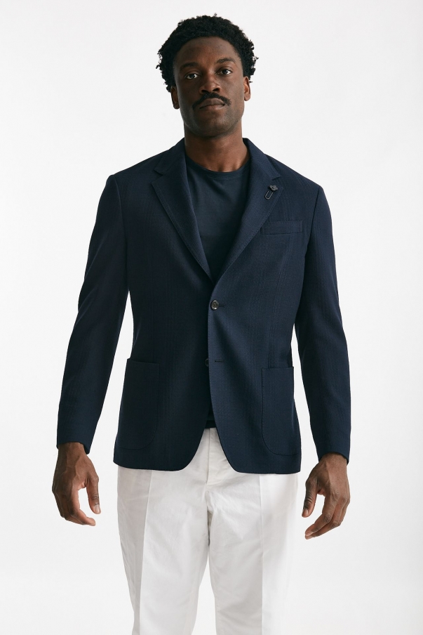 Giacca monopetto blu lana e cotone stretch