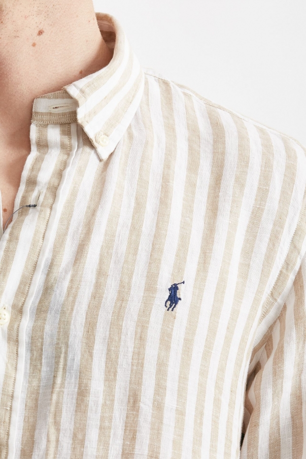 Camicia in lino rigato bianco e beige