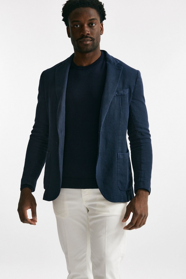 Giacca monopetto blu cotone lino e ramie
