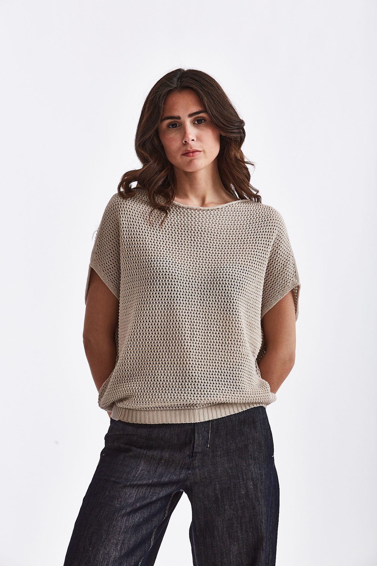 Maglia traforata in cotone sabbia Clouds Donna Pier Abbigliamento Worldwide