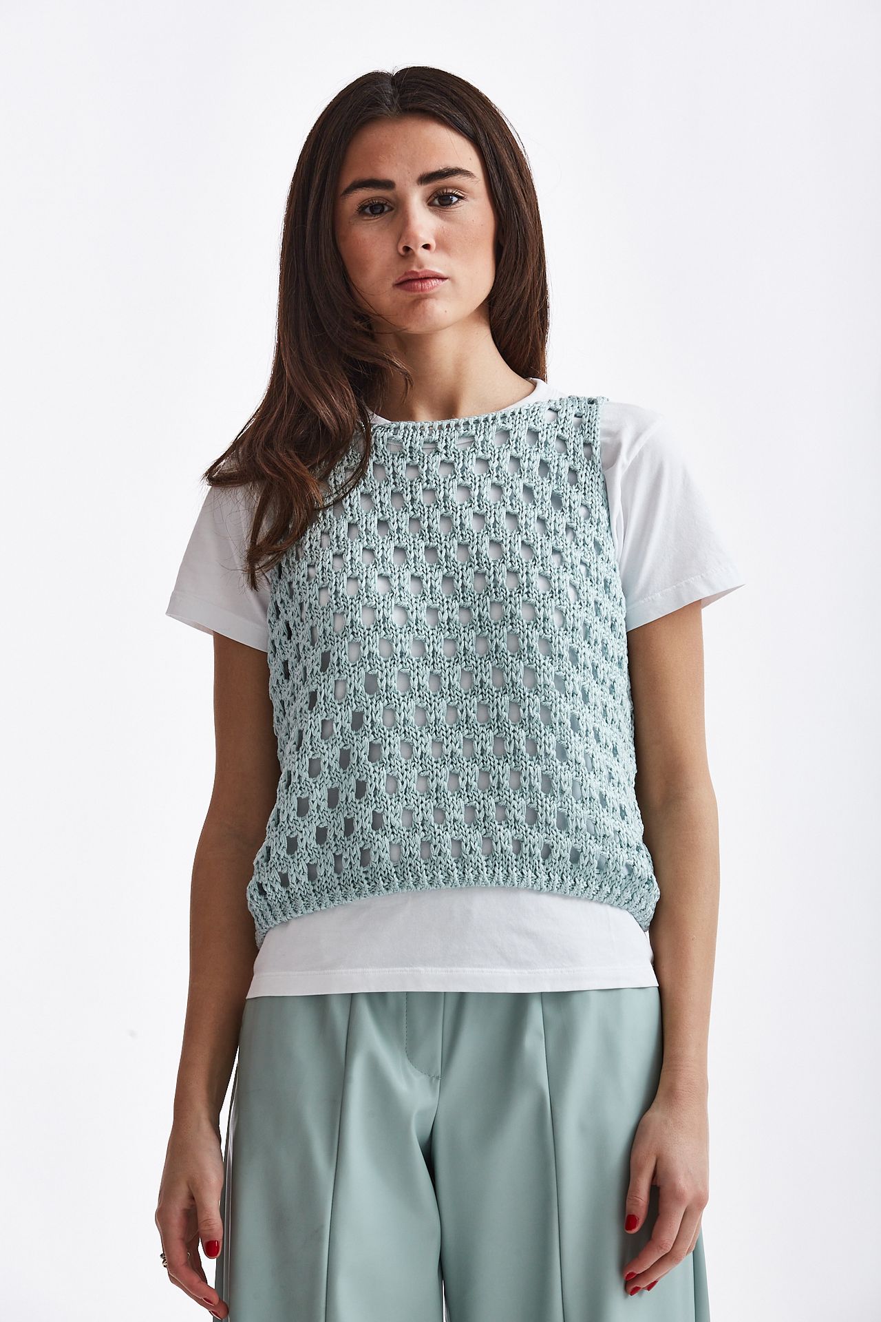 Top in maglia traforata verde acqua