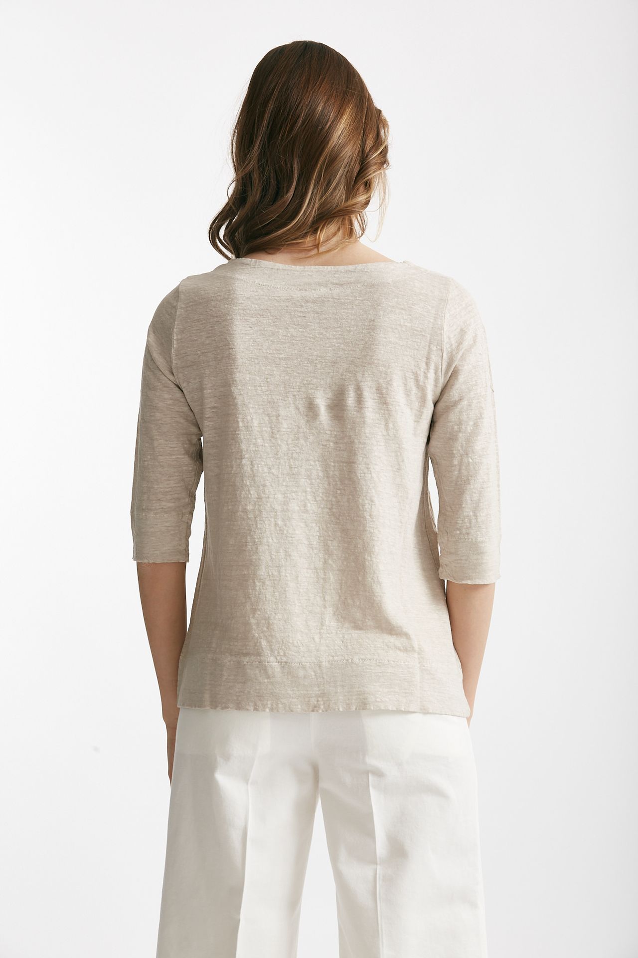 T-shirt in lino beige scollo tondo