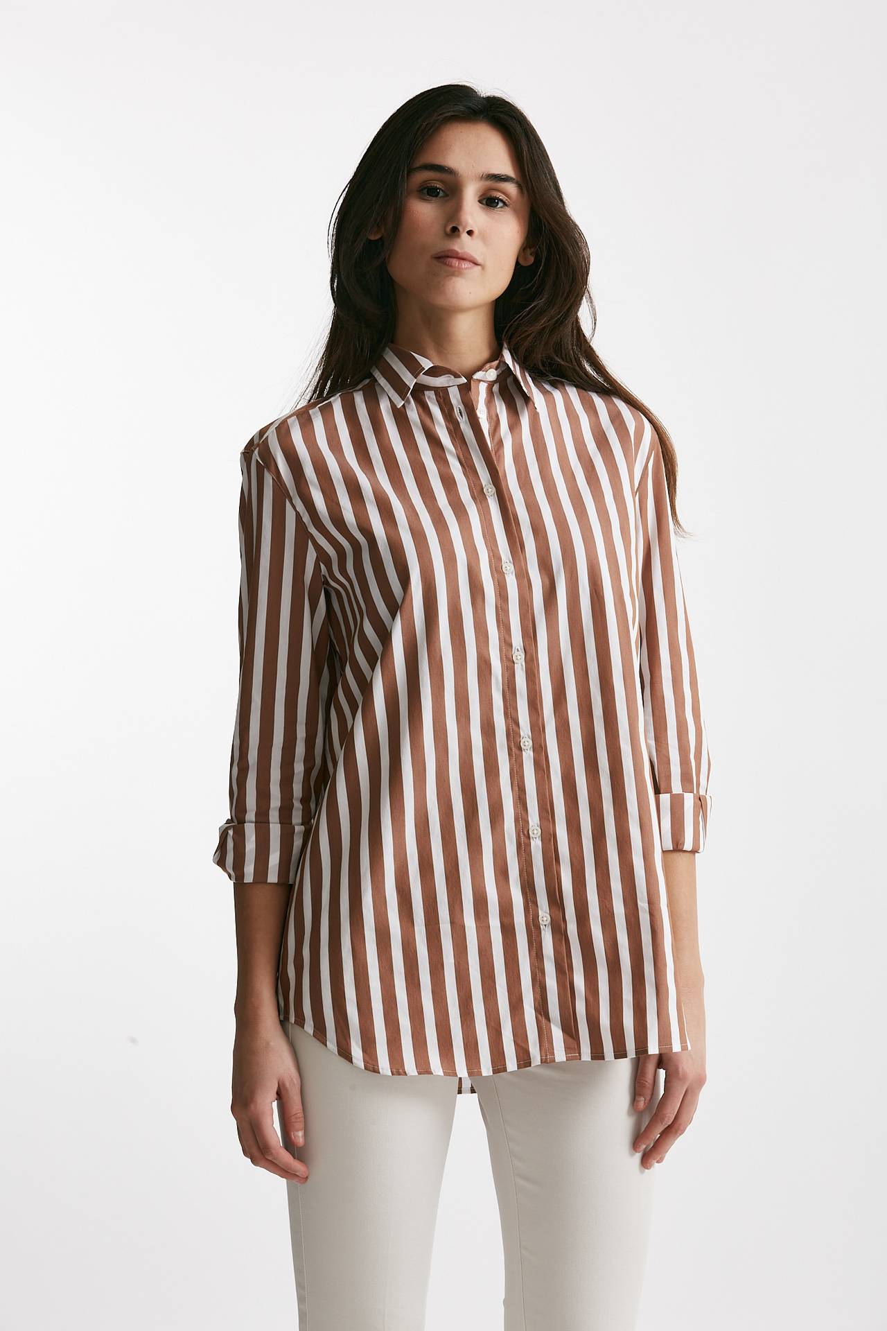Camicia in cotone stretch a righe bianco/marrone