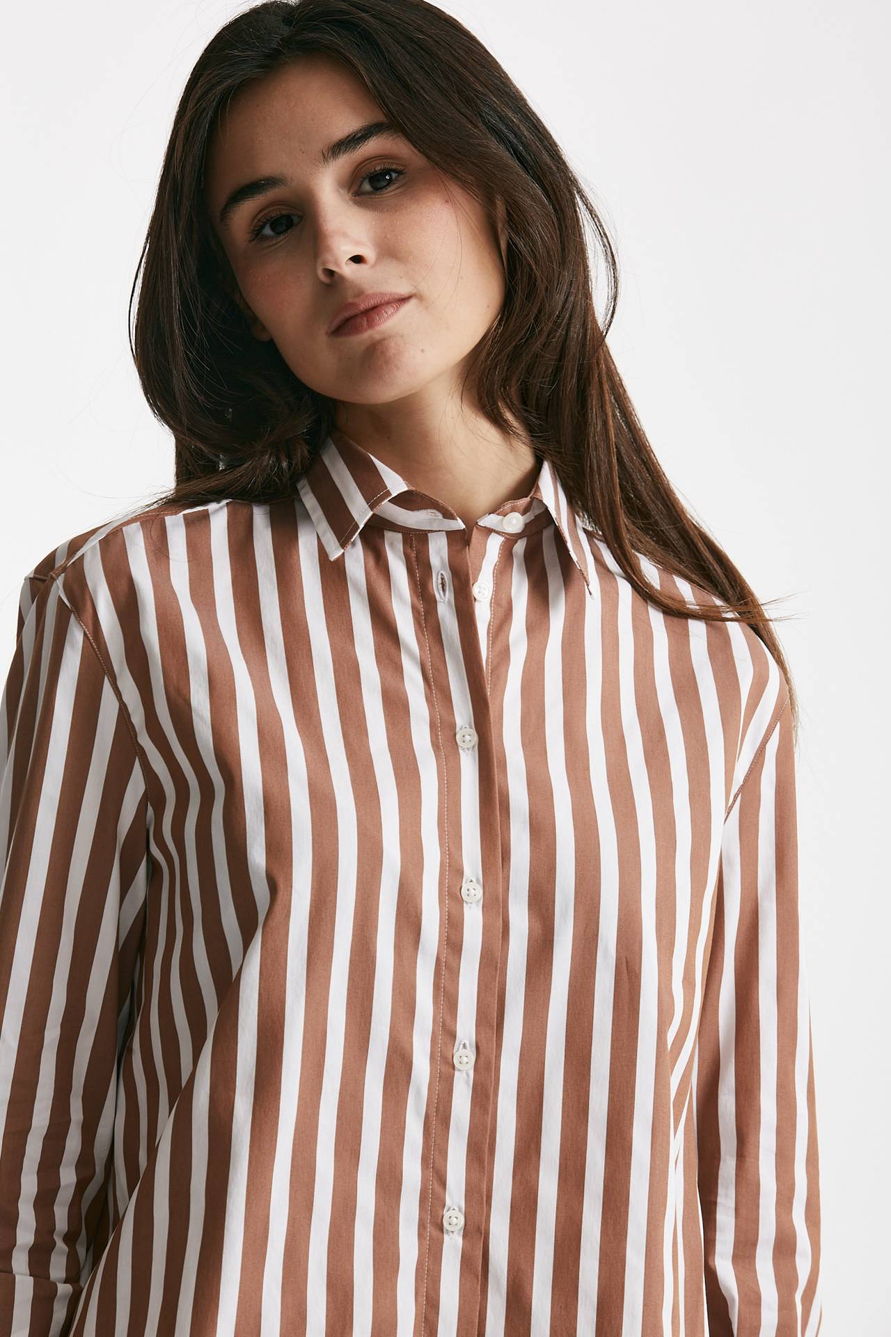 Camicia in cotone stretch a righe bianco/marrone