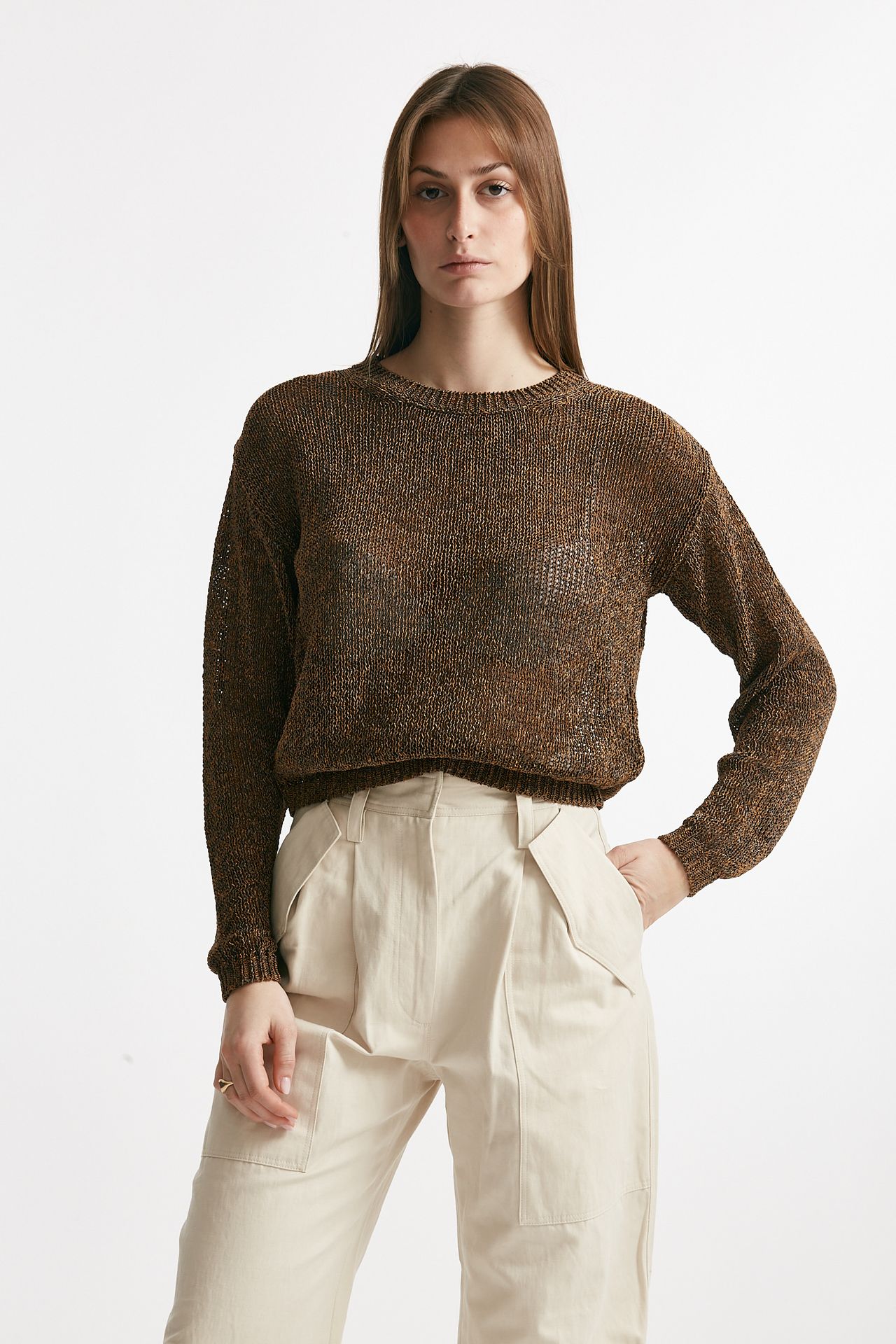 Maglia lavorata marrone beige e rame