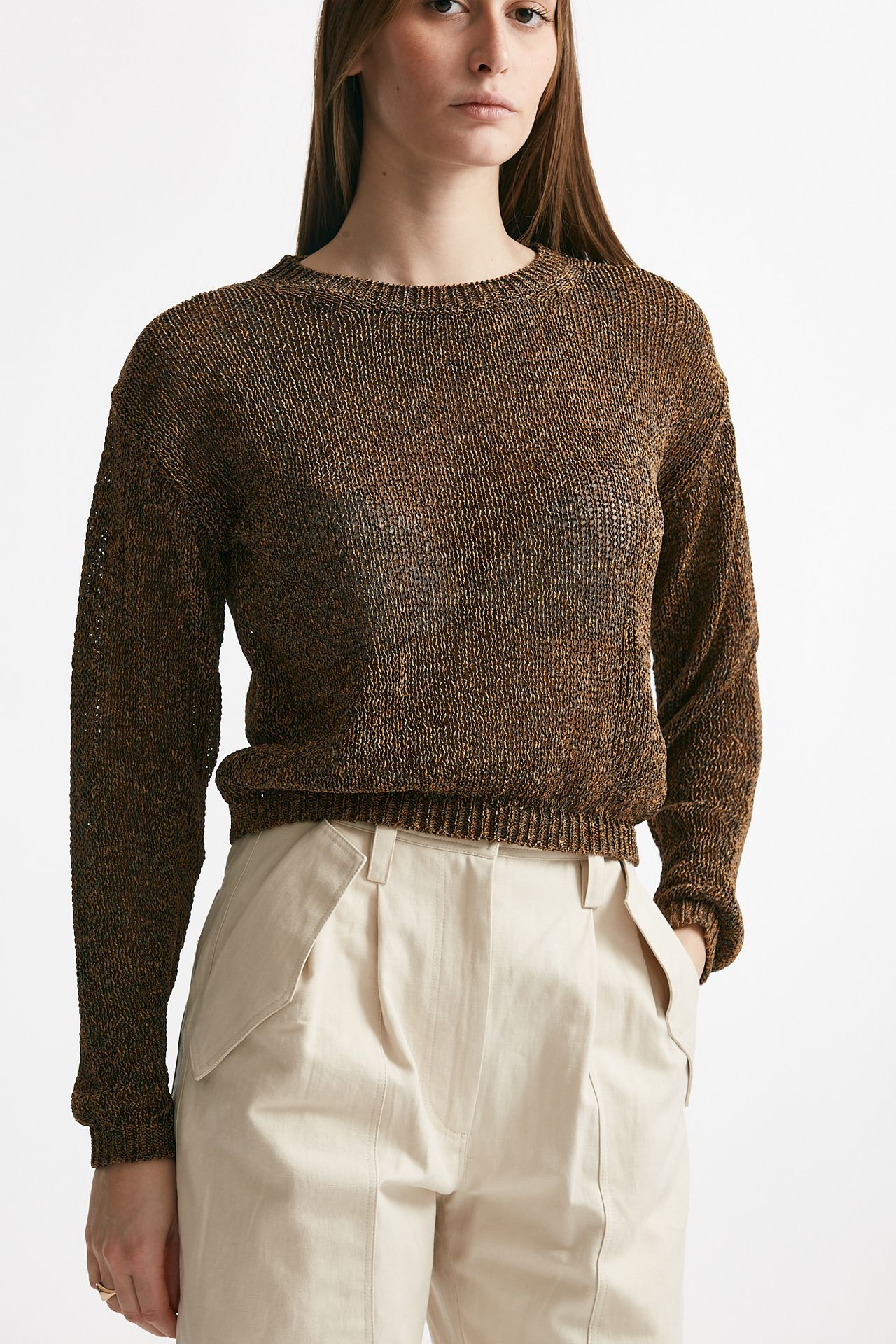Maglia lavorata marrone beige e rame 