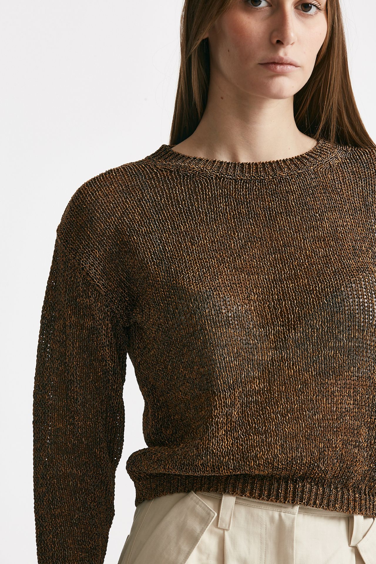 Maglia lavorata marrone beige e rame 