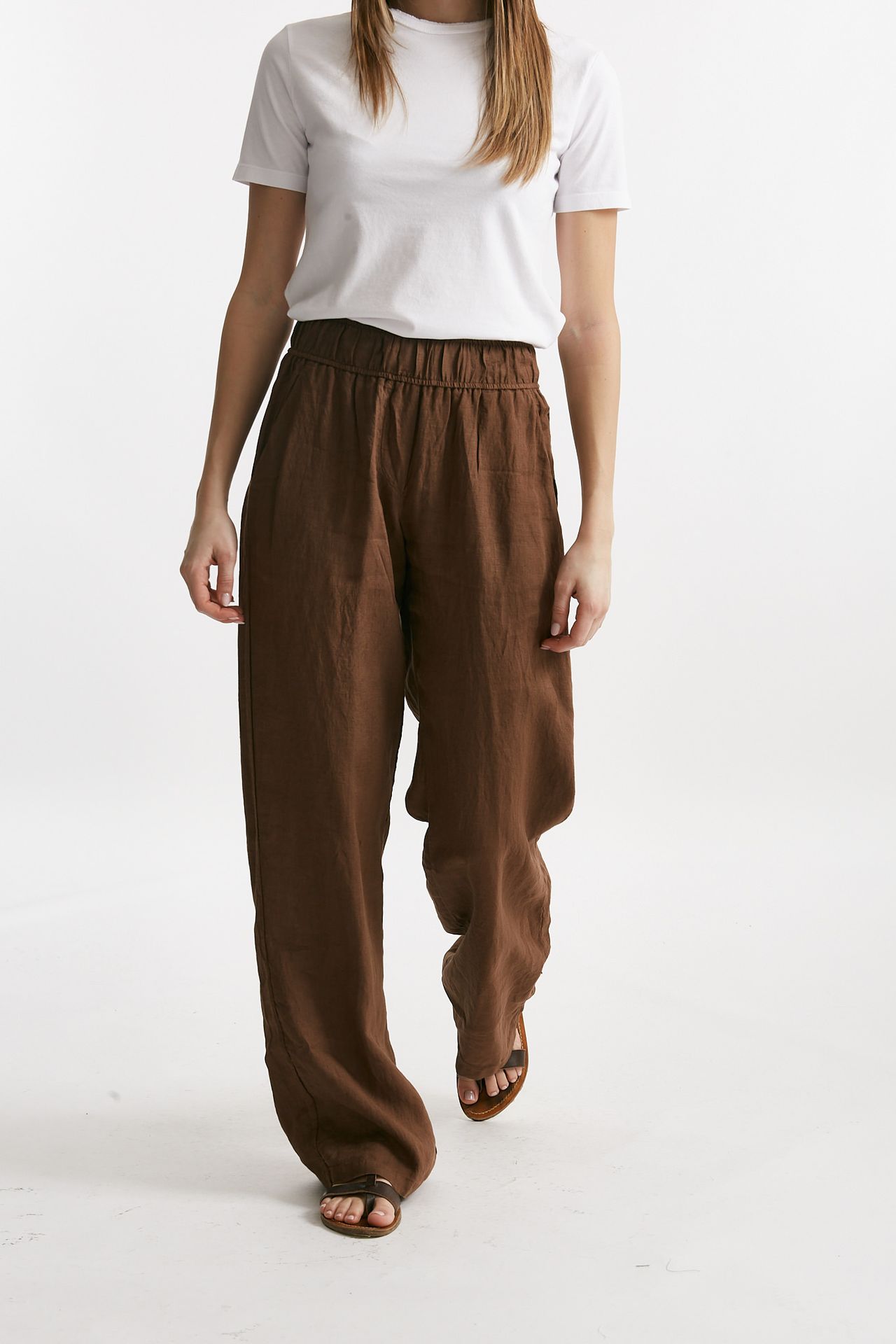 Pantalone in lino tabacco vita alta