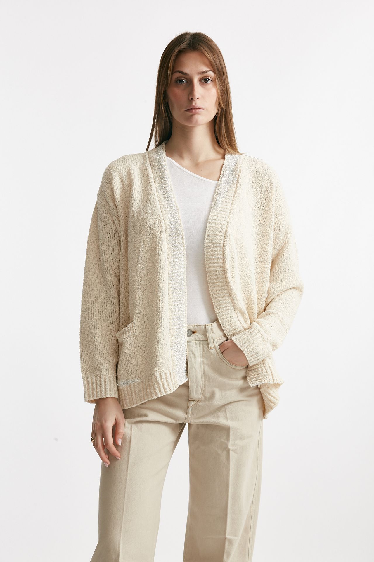 Cardigan ciniglia jaquard panna over